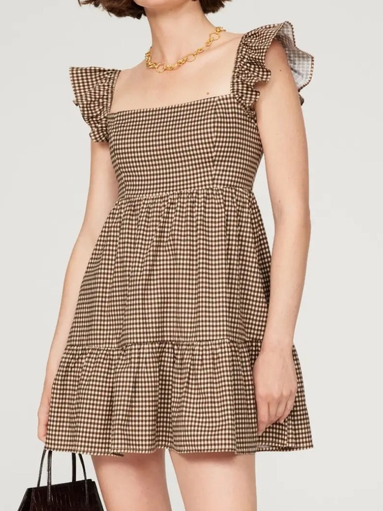 Reformation Dresses & Skirts - Reformation Jeune Dress Size 10 Brown White Gingham Ruffle Mini Dress